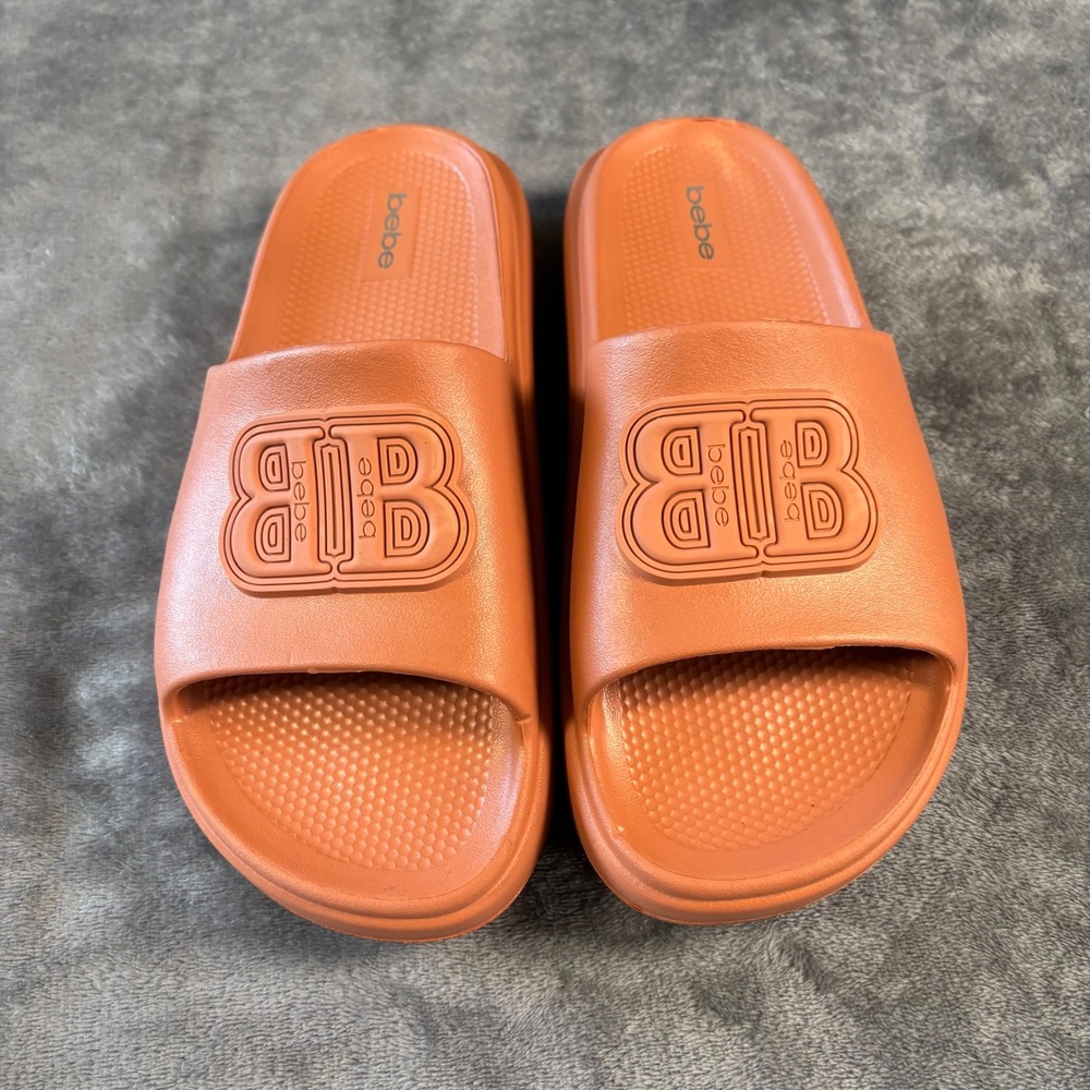 Bebe Womens Orange Platform Slide Sandals Embossed Logo Comfort Slides Size‎ 7